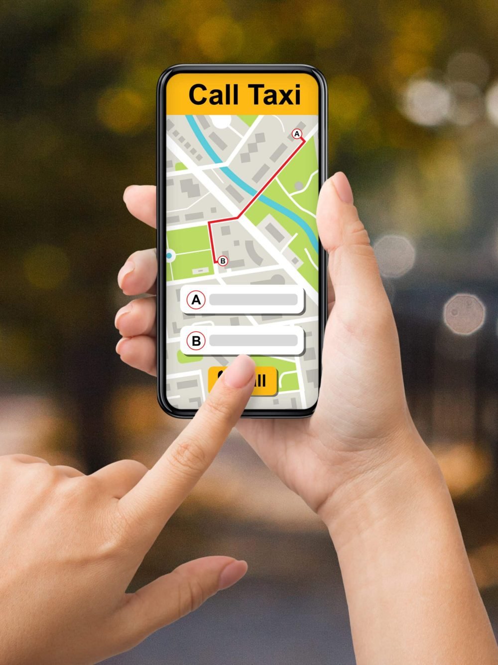 Call Taxi. Closeup of unrecognizable woman using mobile service and ordering cab online, showing cellphone with app interface, choosing location on city map, standing in the street, blurred background